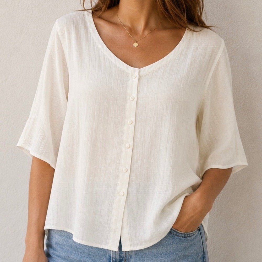 Eileen Fisher Italian Linen Cotton Crinkle Blouse Ivory Scoop Neck Top Medium